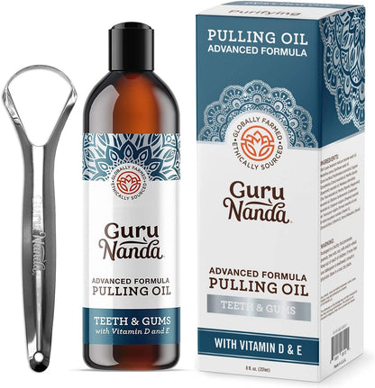GuruNanda Advanced Oil Pulling with Tongue Scraper - Natural Alcohol-Free Mouthwash 