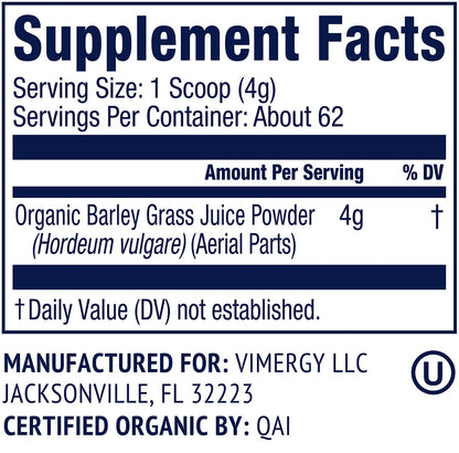 Vimergy USDA Organic Barley Grass Juice Powder, 62 Servings – Super Greens Powder