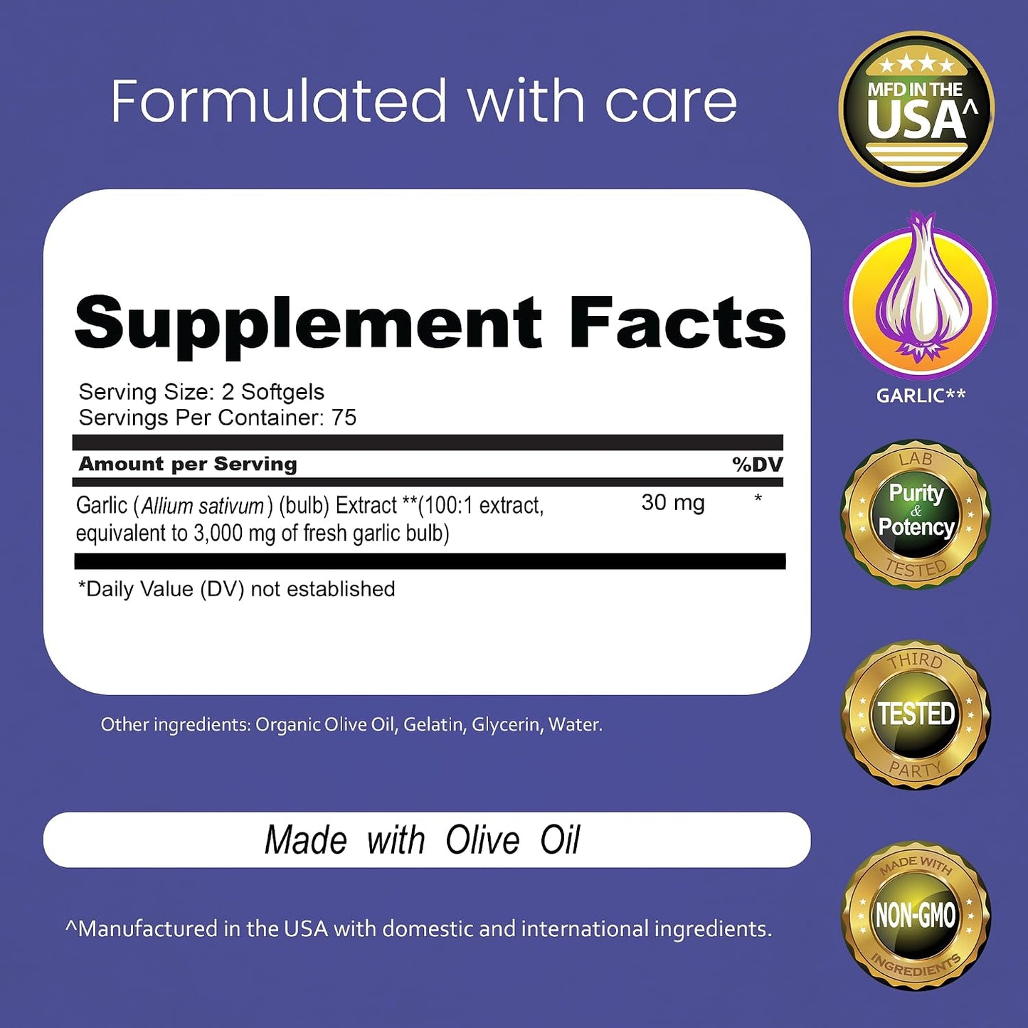NaturaLife Labs Odorless Garlic – Concentrated 100:1 Garlic Extract with Olive Oil – 150 Softgels – Non-GMO, Gluten-Free