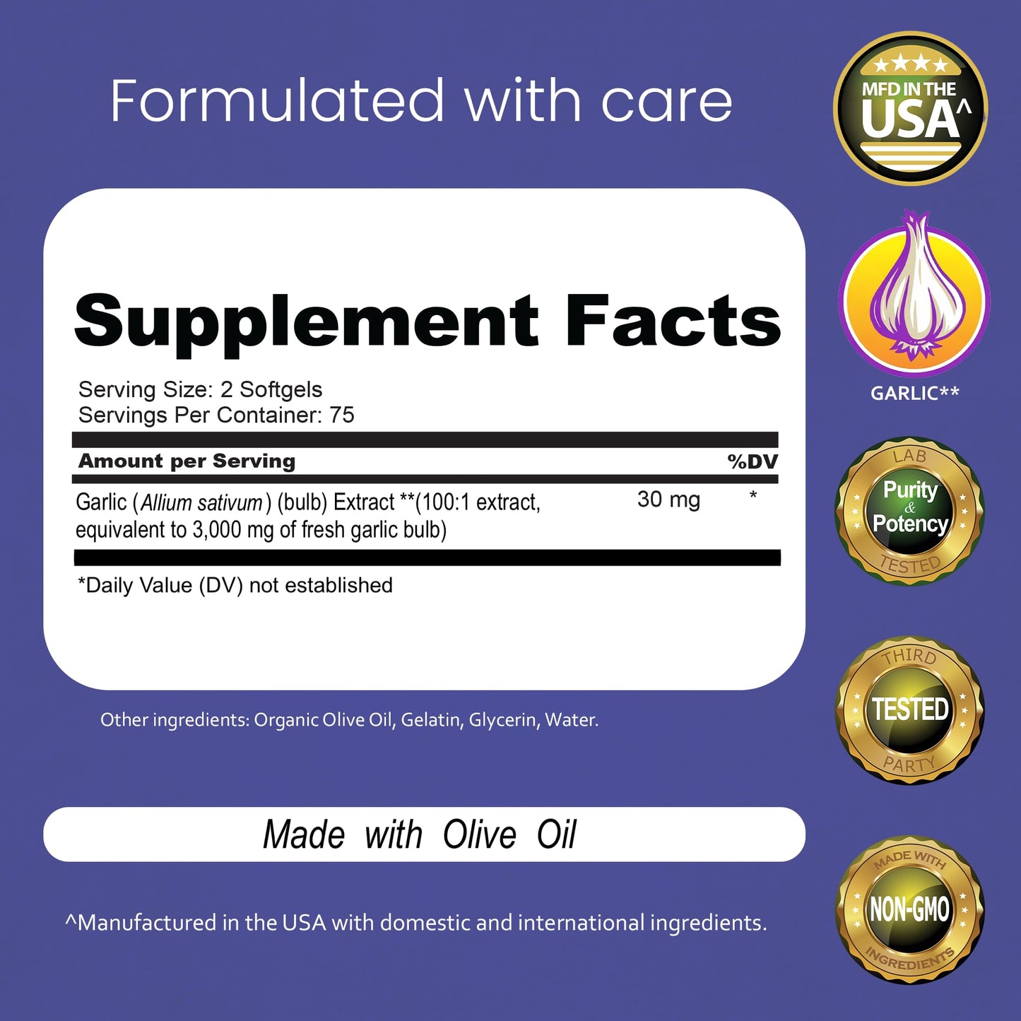 NaturaLife Labs Odorless Garlic – Concentrated 100:1 Garlic Extract with Olive Oil – 150 Softgels – Non-GMO, Gluten-Free