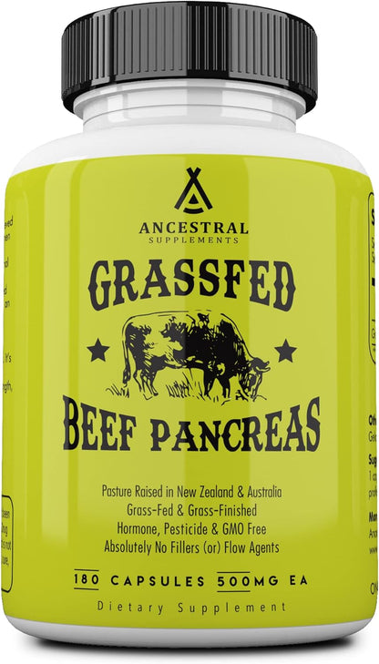 Ancestral Supplements Grass Fed Beef Pancreas Supplement, 500mg, 180 Ct | Pancreas support formula with proteolytic digestive enzymes, including trypsin, promotes healthy digestion.
