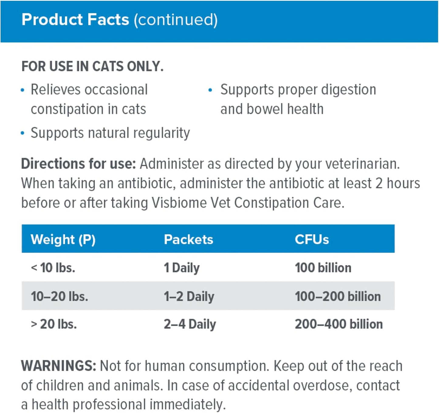 Visbiome® Vet Constipation Care Probiotic for Cats, 100B CFU, 30 Packets | Veterinarian Recommended, Slab51® Formulation, Multi-Strain, Refrigerated Probiotics, Weight-Based Dosing