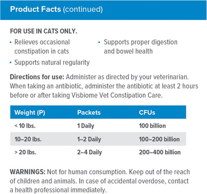 Visbiome® Vet Constipation Care Probiotic for Cats, 100B CFU, 30 Packets | Veterinarian Recommended, Slab51® Formulation, Multi-Strain, Refrigerated Probiotics, Weight-Based Dosing