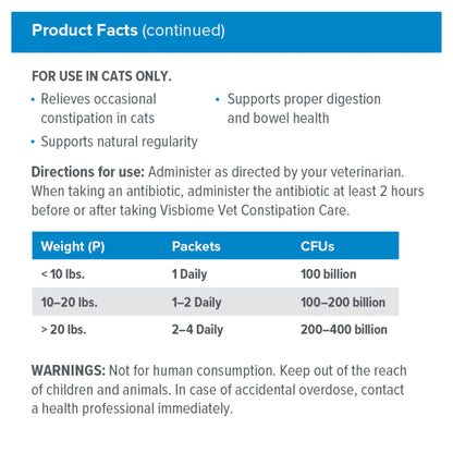 Visbiome® Vet Constipation Care Probiotic for Cats, 100B CFU, 30 Packets | Veterinarian Recommended, Slab51® Formulation, Multi-Strain, Refrigerated Probiotics, Weight-Based Dosing