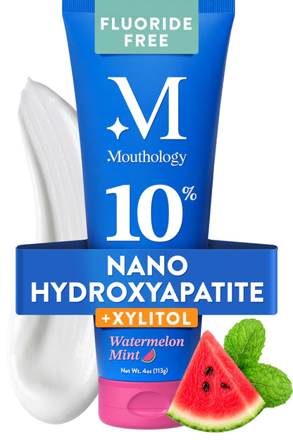 Mouthology 10% Nano Hydroxyapatite Toothpaste Fluoride Free, Whitening*, Rod Shaped nHA, Xylitol Toothpaste for Adults, Enamel Care*, Sensitive Teeth*, SLS Free, Mint 4oz (USA Made) Package May Vary