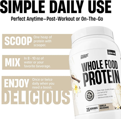 Whole Food Protein Powder - 25g Protein per Scoop, Lactose Free Protein with Beef Isolate, Collagen, Pea, Brown Rice, Chicken & Egg Protein, 0G Sugar, Keto Friendly, Vanilla Milkshake 25 Serv