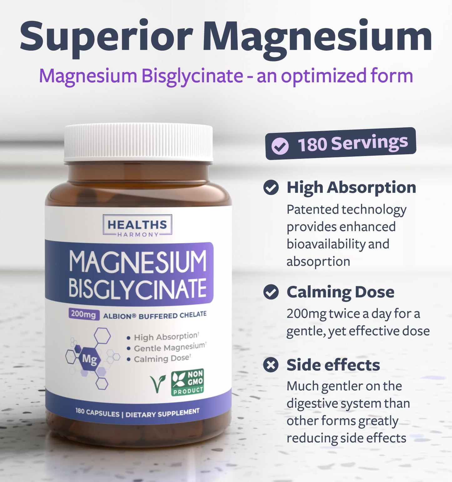 High Absorption Magnesium Bisglycinate Capsules - Clinically Validated Buffered and Chelated Magnesium Supplement - 1 Daily Vegan Capsule with Lab Verified Gentle 200mg Serving (4 Month Supply)