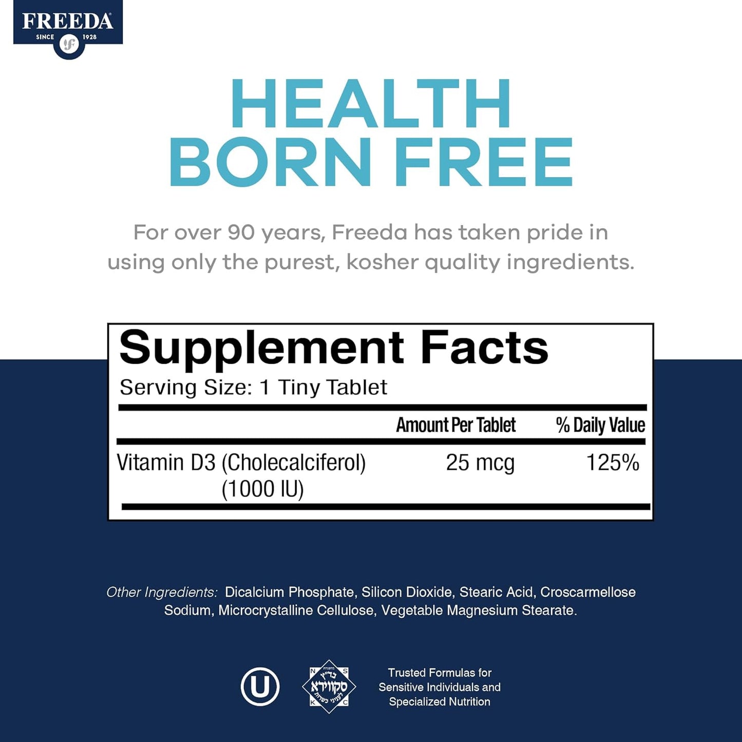FREEDA Vitamin D3-1000 IU - Pure High Potency Kosher Supplement Tablets - Bone and Muscle Health, Calcium Absorption, Immune Support for Men and Women* - 100 Count | Supports Bone, Muscle & Immune Health – Helps Calcium Absorption – Easy-to-Swallow Tiny T