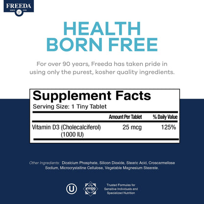 FREEDA Vitamin D3-1000 IU - Pure High Potency Kosher Supplement Tablets - Bone and Muscle Health, Calcium Absorption, Immune Support for Men and Women* - 100 Count | Supports Bone, Muscle & Immune Health – Helps Calcium Absorption – Easy-to-Swallow Tiny T