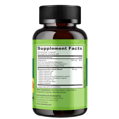 NATURELO Magnesium Glycinate Chelate Complex - 200 mg Magnesium with Organic Vegetables to Support Sleep, Calm, Muscle Cramp & Stress Relief - Gluten Free, Non GMO - 120 Capsules