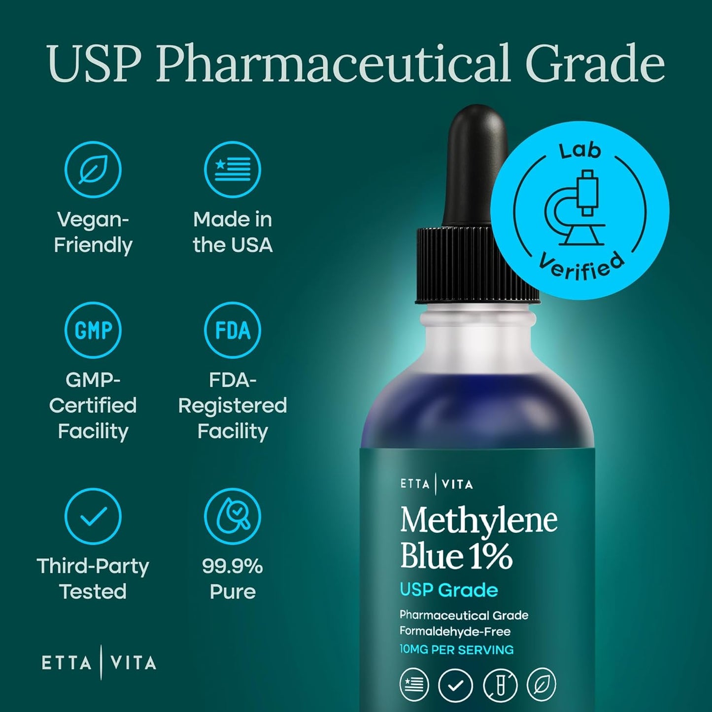 Methylene Blue Drops - USP Pharmaceutical Grade 99.99% Pure 1% Solution for Energy, Focus, Clarity, Cognition & Cellular Support - 3rd Party Tested, Formaldehyde-Free, Made in USA, 2oz Tincture