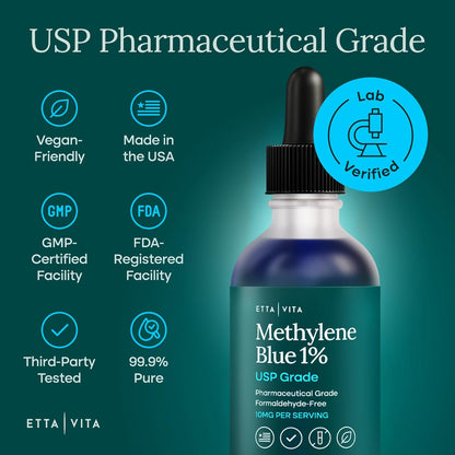 Methylene Blue Drops - USP Pharmaceutical Grade 99.99% Pure 1% Solution for Energy, Focus, Clarity, Cognition & Cellular Support - 3rd Party Tested, Formaldehyde-Free, Made in USA, 2oz Tincture