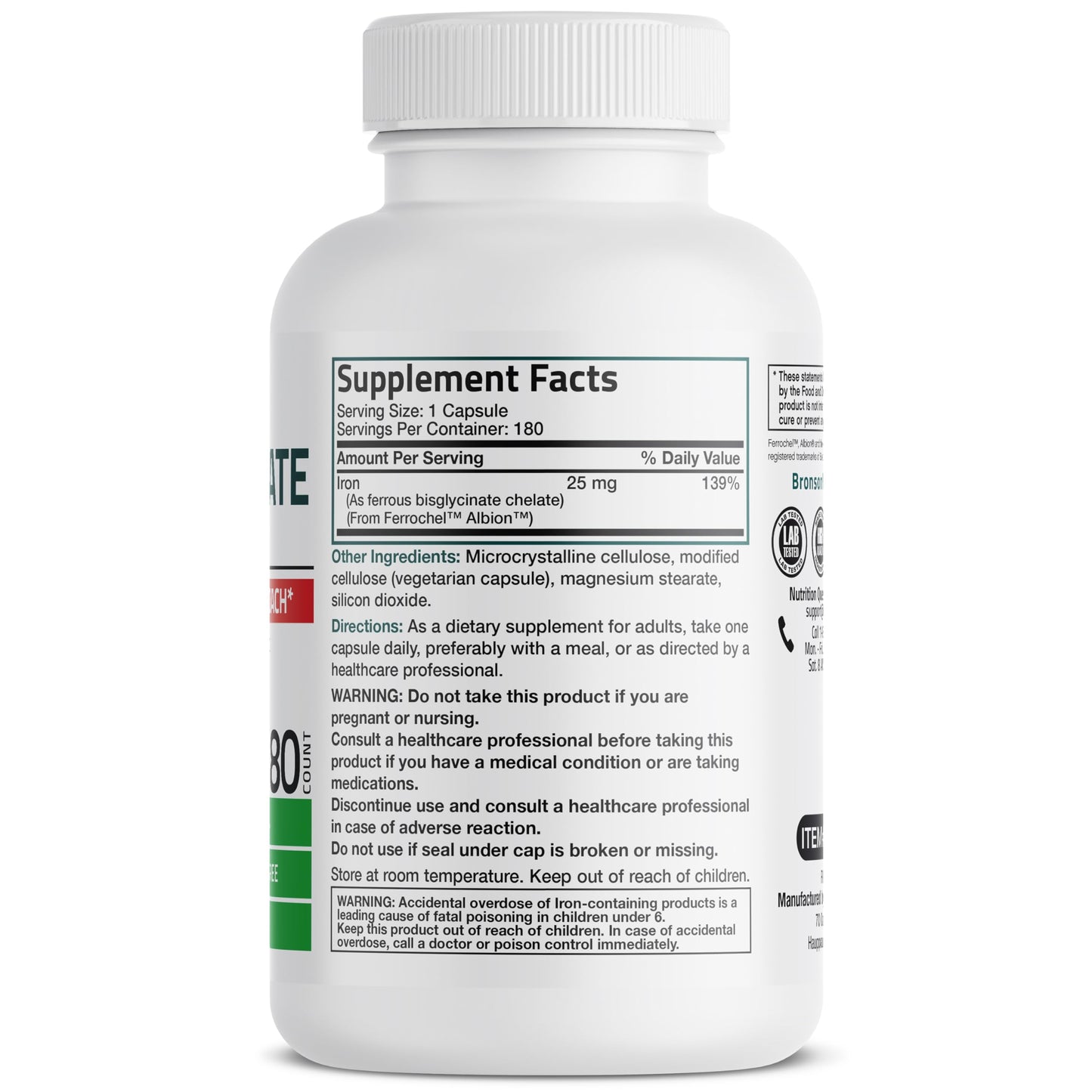 Bronson Iron Bisglycinate 25 mg, 90 Vegetarian Capsules | Gentle on the Stomach, Non-Constipating, Supports Energy & Red Blood Cell Production, Non-GMO, Gluten-Free & Soy-Free