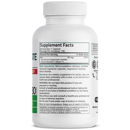Bronson Iron Bisglycinate 25 mg, 90 Vegetarian Capsules | Gentle on the Stomach, Non-Constipating, Supports Energy & Red Blood Cell Production, Non-GMO, Gluten-Free & Soy-Free