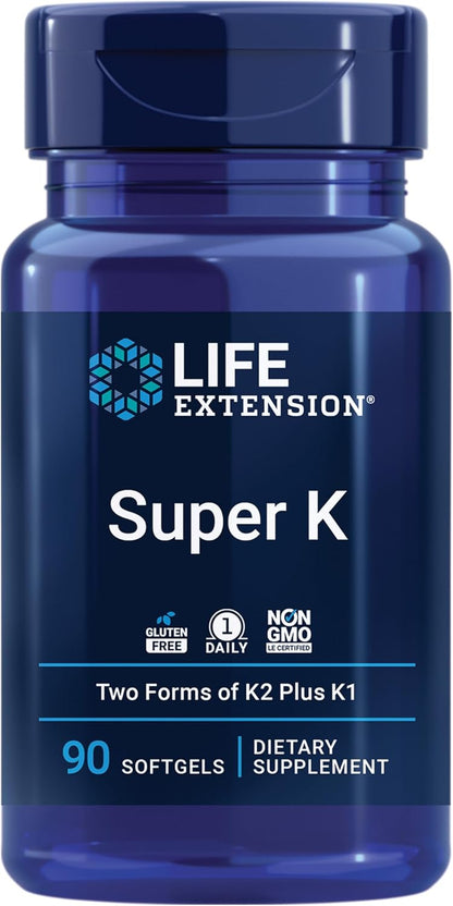 Life Extension Super K, Vitamin K Supplement, 2000 Mcg Vitamin K and 1180 Mcg Vitamin K2, Heart Health, Once-Daily, 90 Softgels | Vitamin K1, K2 MK-7 & K2 MK-4 for Heart & Arterial Health and Calcium Balance; 3-Month Supply, 1 Daily, Gluten-Free & Non-GMO