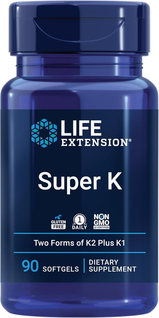 Life Extension Super K, Vitamin K Supplement, 2000 Mcg Vitamin K and 1180 Mcg Vitamin K2, Heart Health, Once-Daily, 90 Softgels | Vitamin K1, K2 MK-7 & K2 MK-4 for Heart & Arterial Health and Calcium Balance; 3-Month Supply, 1 Daily, Gluten-Free & Non-GMO