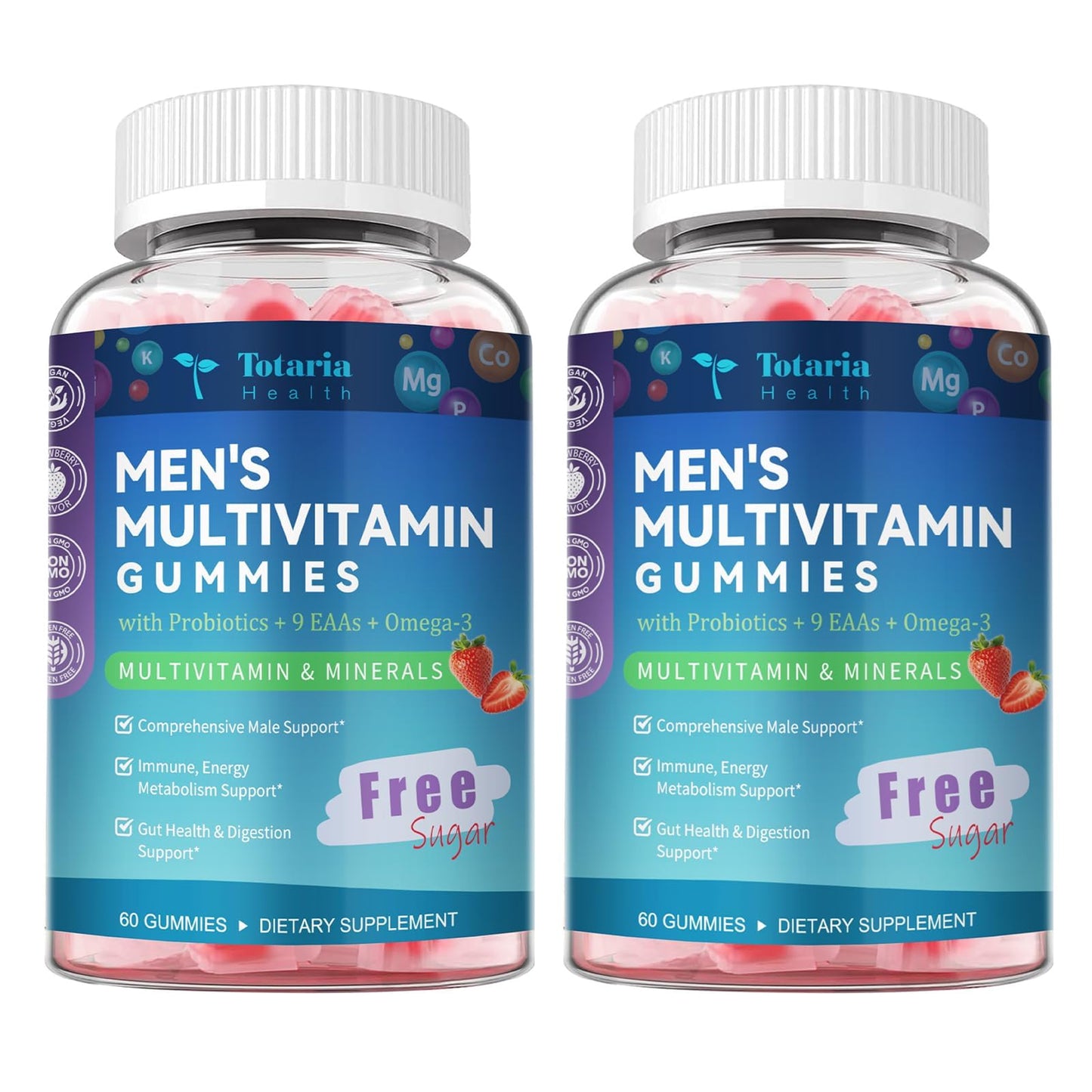 Totaria Sugar Free Multivitamin for Men with Omega 3, Probiotics, Mens Multivitamins Gummies w/Methylated B Complex, EAAs, Lycopene, Zinc, for Daily Energy, Immune, Heart, Iron Free, 60 Count