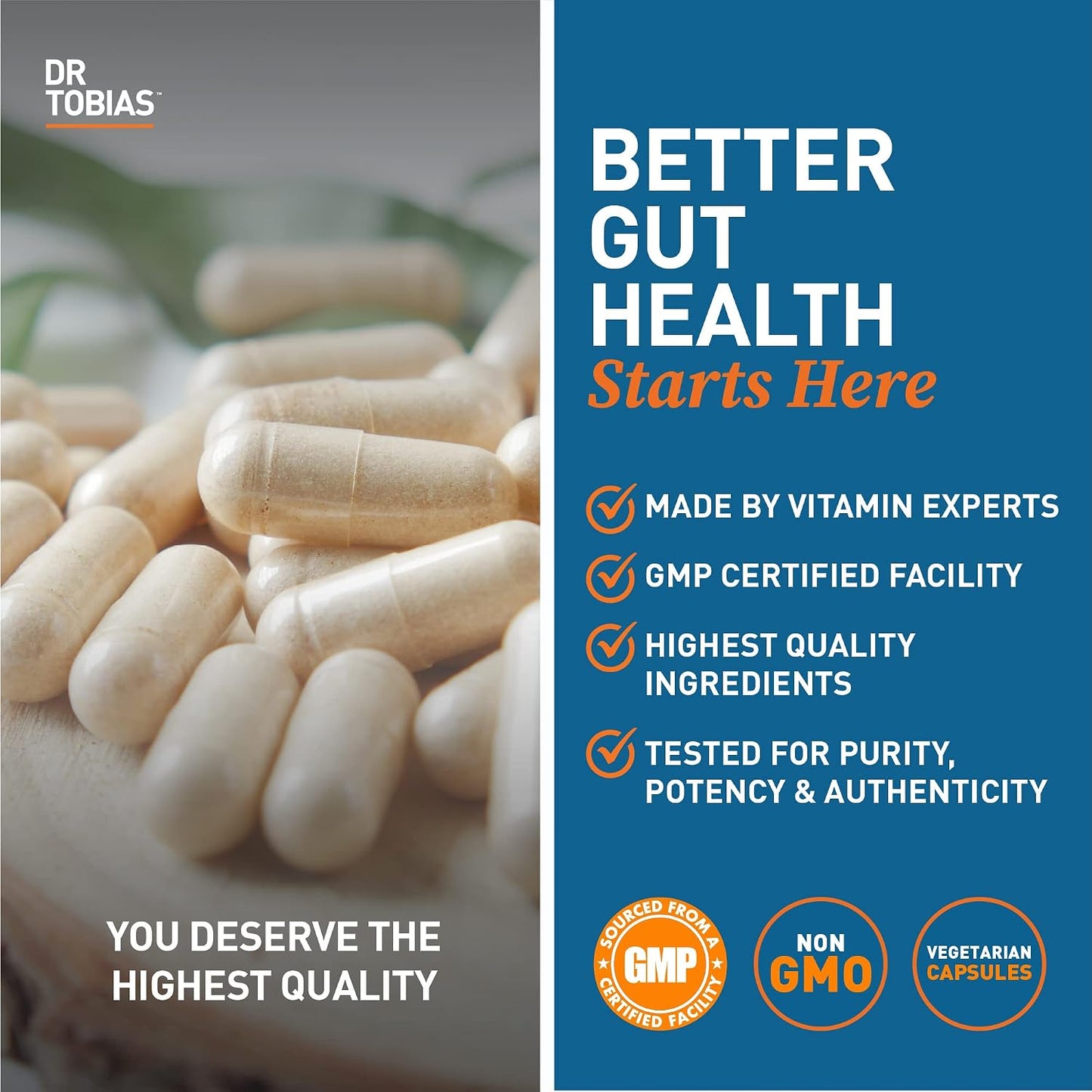 Dr. Tobias Deep Immune Probiotic + Prebiotic 60 Capsules | Gut Health | Dual Action Gut & Immune Support | DE111 Spore Forming Probiotics + PreforPro | Targeted Release | Shelf Stable | 30 Servings