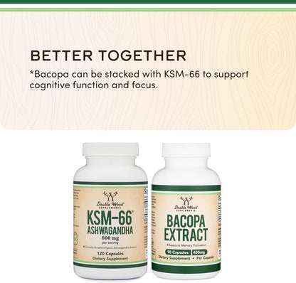 Double Wood Supplements Ashwagandha KSM 66 Organic and Clinically Studied Extract (600mg Per Serving, 120 Capsules, 60 Servings) Adaptogen Cortisol Manager for Women and Men