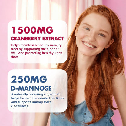 Vegan Cranberry Gummies 1500mg with D Mannose, Strawberry Flavor, 60 Count | Supports Urinary Tract Health for Women & Men, Sugar-free, Non-GMO and Gluten Free