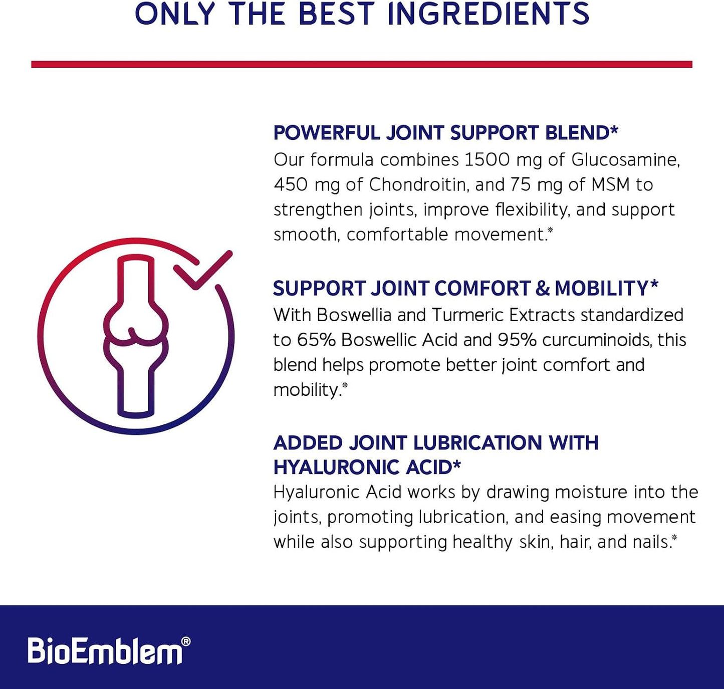 BioEmblem Glucosamine Sulfate 1500mg with Chondroitin & MSM, Joint Support Supplement with Boswellia, Turmeric & Hyaluronic Acid, Supports Mobility, Flexibility & Cartilage Health, Non-GMO, 90 Caps