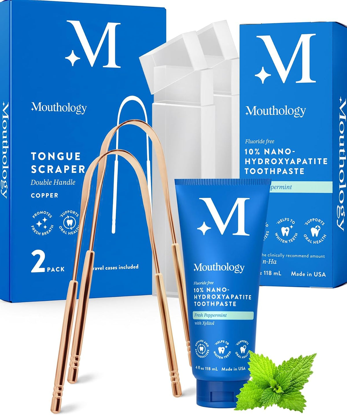Mouthology 10% Nano Hydroxyapatite Toothpaste (Fluoride Free) and Copper Tongue Scraper for Adults (2 Pack)