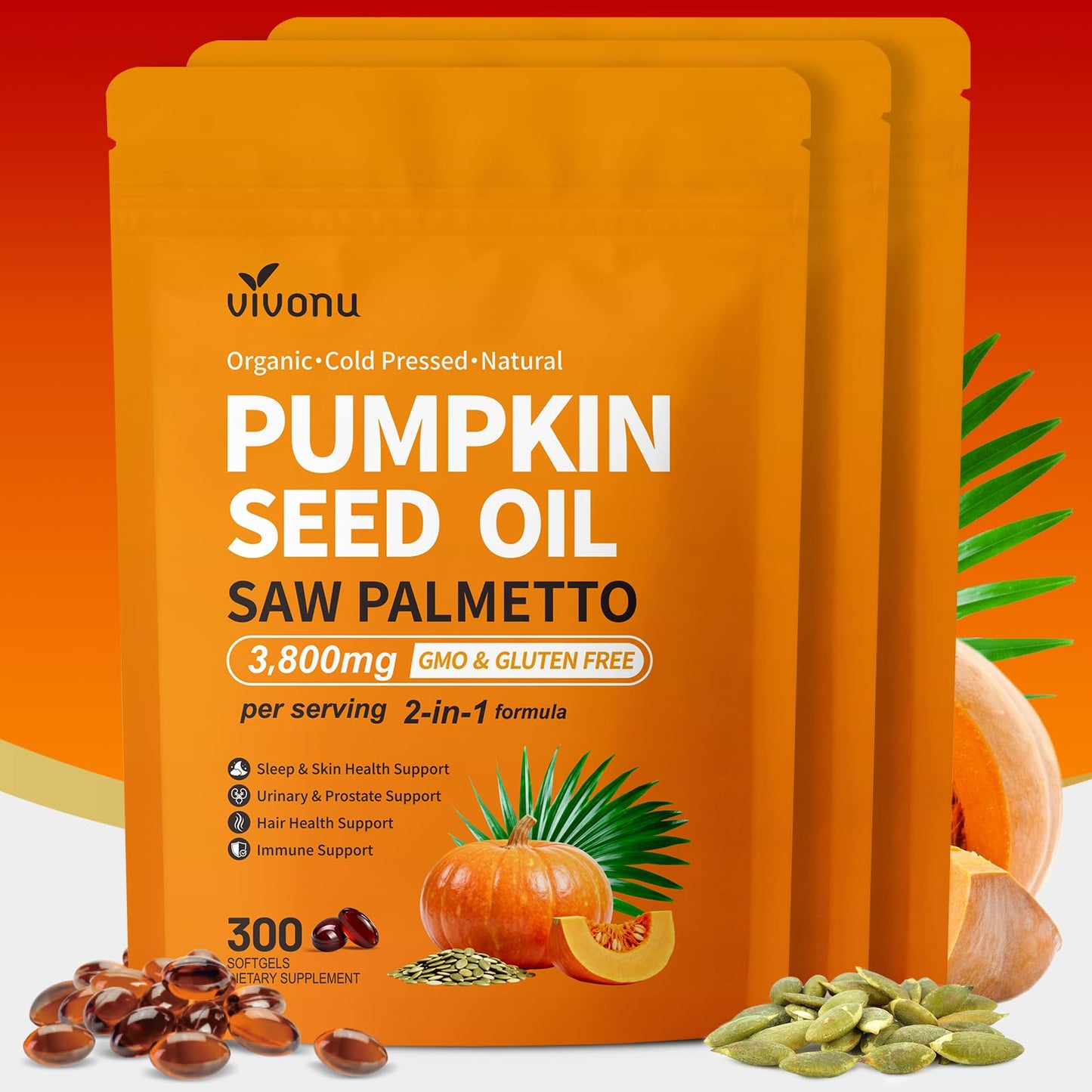 VivoNu Pumpkin Seed Oil with Saw Palmetto Capsules,3800mg 300 Softgels | Cold Pressed,Pure Virgin Oil,Essential Fatty Acids&Phytosterols | Supports Hair,Urinary,Bladder&Prostate Health|Non-GMO