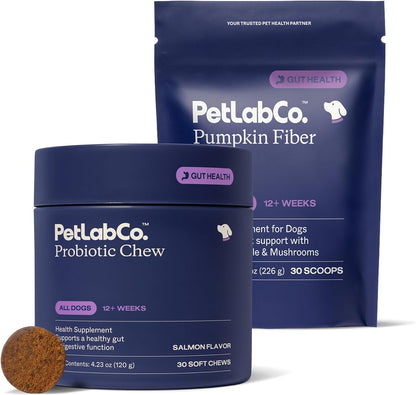 PetLab Co. – Gut & Digest Daily Duo: Pumpkin Powder Blend for Easy Digestion & Firm Stools for Small/Medium/Large Dogs & Salmon‑Flavoured Probiotic Chews to Support Gut & Immune Balance – Easy to Use