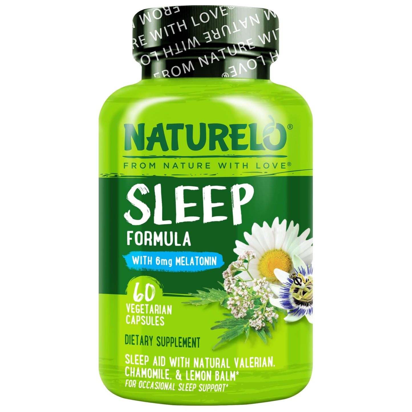 NATURELO Sleep Aid - with Melatonin, Magnesium, GABA, Valerian Root, Lemon Balm, Chamomile Herbal Extracts - Plant-Based Sleeping Aid - 60 Vegan Capsules