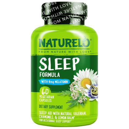 NATURELO Sleep Aid - with Melatonin, Magnesium, GABA, Valerian Root, Lemon Balm, Chamomile Herbal Extracts - Plant-Based Sleeping Aid - 60 Vegan Capsules