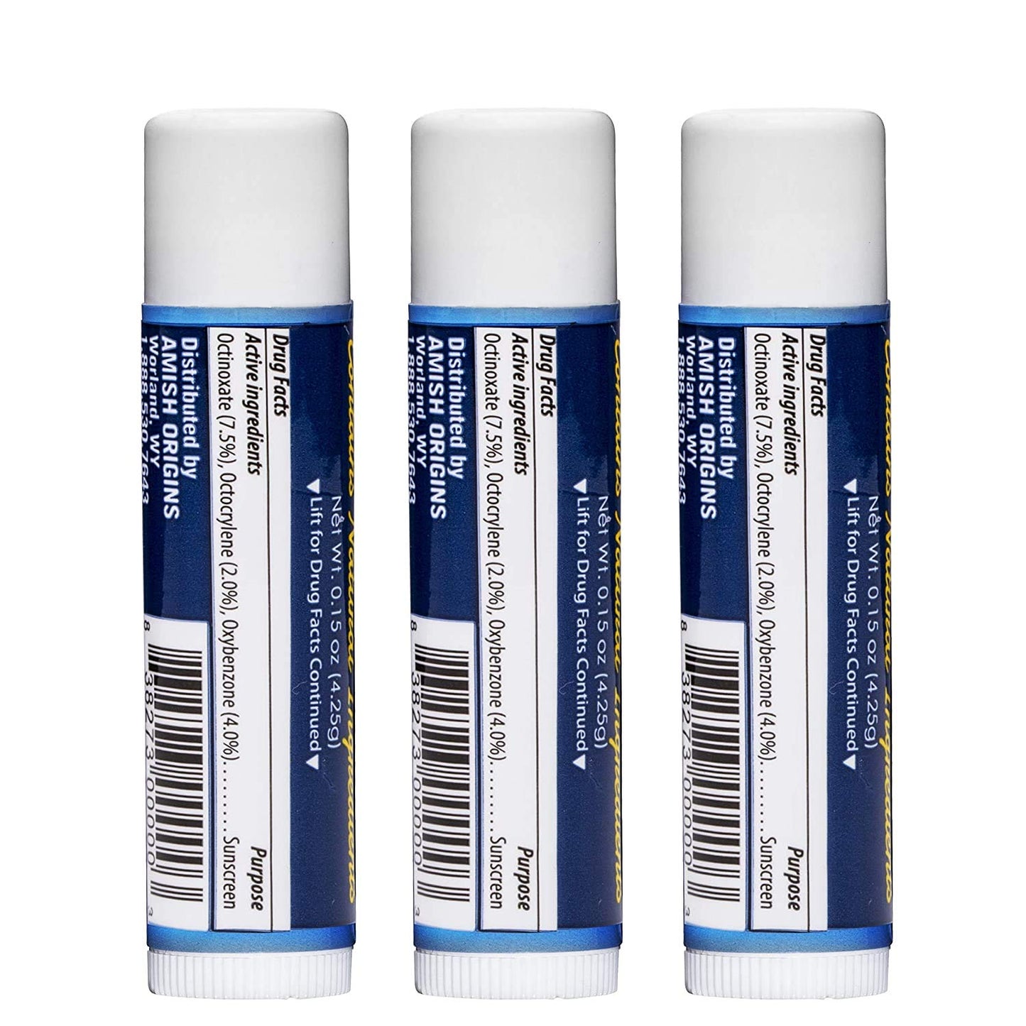 Amish Origins SPF 15 Medicated Lip Doc Balm - All Natural Ingredients, Deep Moisturizing Potent Formula for Chapped and Cracked Lips, All Refreshing Essential Oils, 3 Pack
