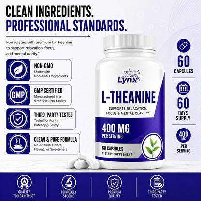 Leaping Lynx L-Theanine 400 mg per Serving (200 mg per Capsule), 120 Capsules | Supports Relaxation, Stress Relief, Calm Focus & Sleep | Non-GMO Supplement