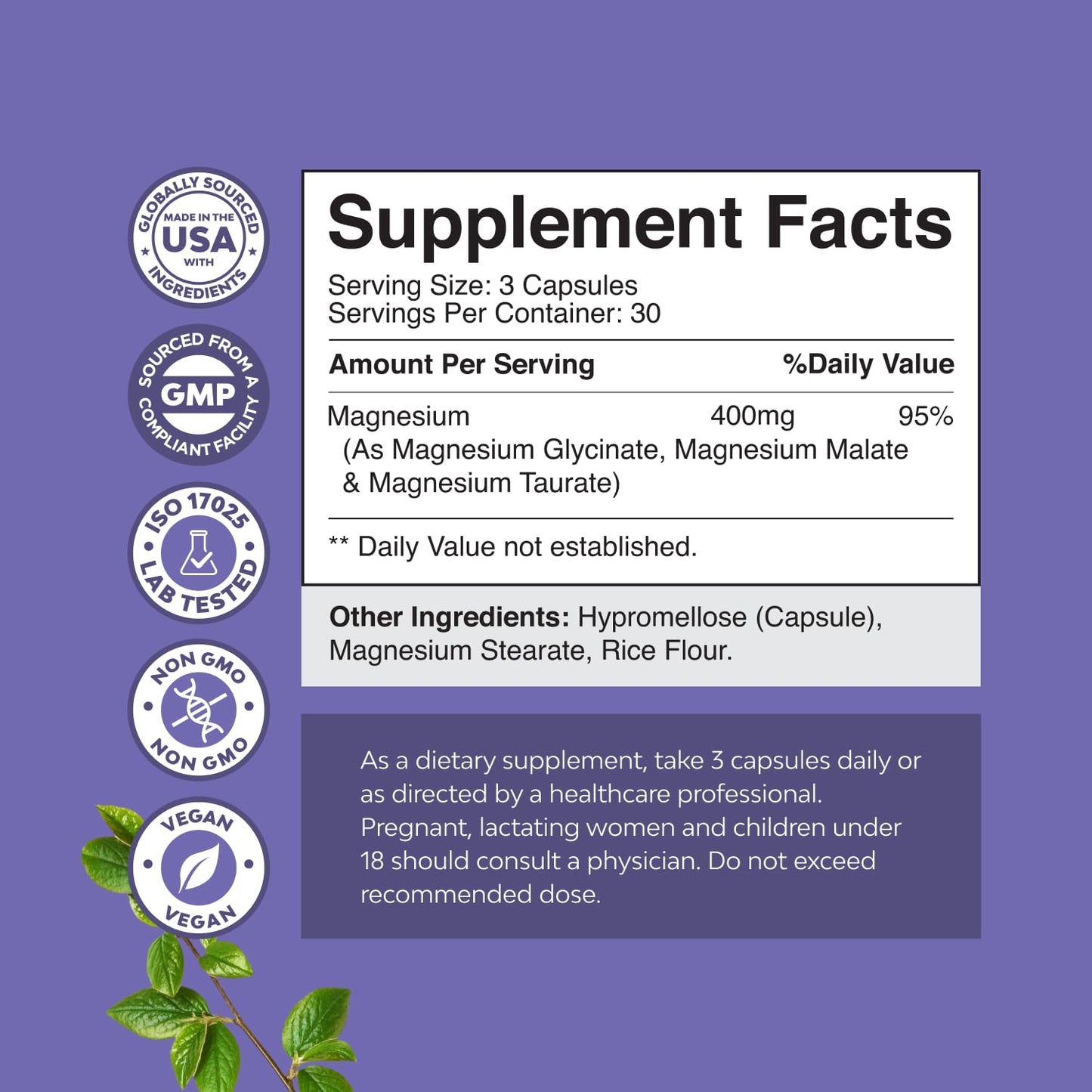 Triple Magnesium Complex Supplement - High Absorption Magnesium Glycinate, Malate & Taurate Blend for Muscles Energy Support & Heart Health - Triple Mg Complex 400 mg Capsules - 180 Count