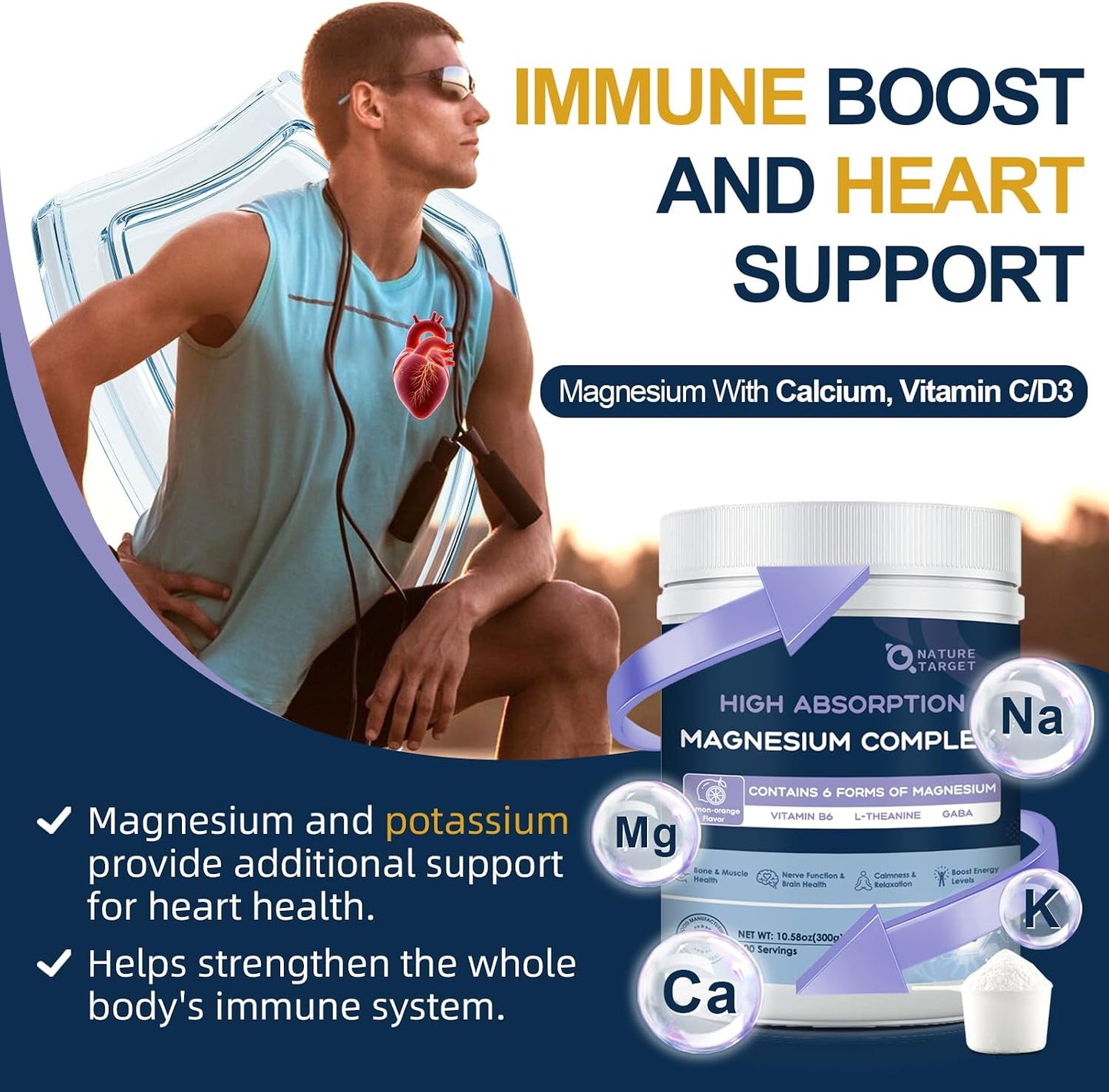 NATURE TARGET Magnesium Powder Supplement for Women & Men, 100 Servings | Magnesium Complex With L-Theanine And Vitamin B6 For Muscle, Heart And Brain Support; Vegan, Sugar-Free, Lemon-Orange Flavor