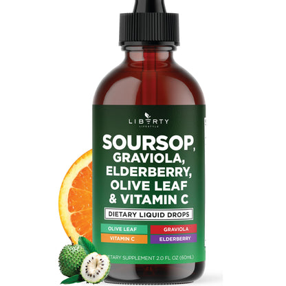 Liberty Lifestyle Soursop Liquid with Soursop Fruit and Leaves, Elderberry, Vitamin C and Olive Leaf - Multimineral & Vitamins Superfood - 4 oz