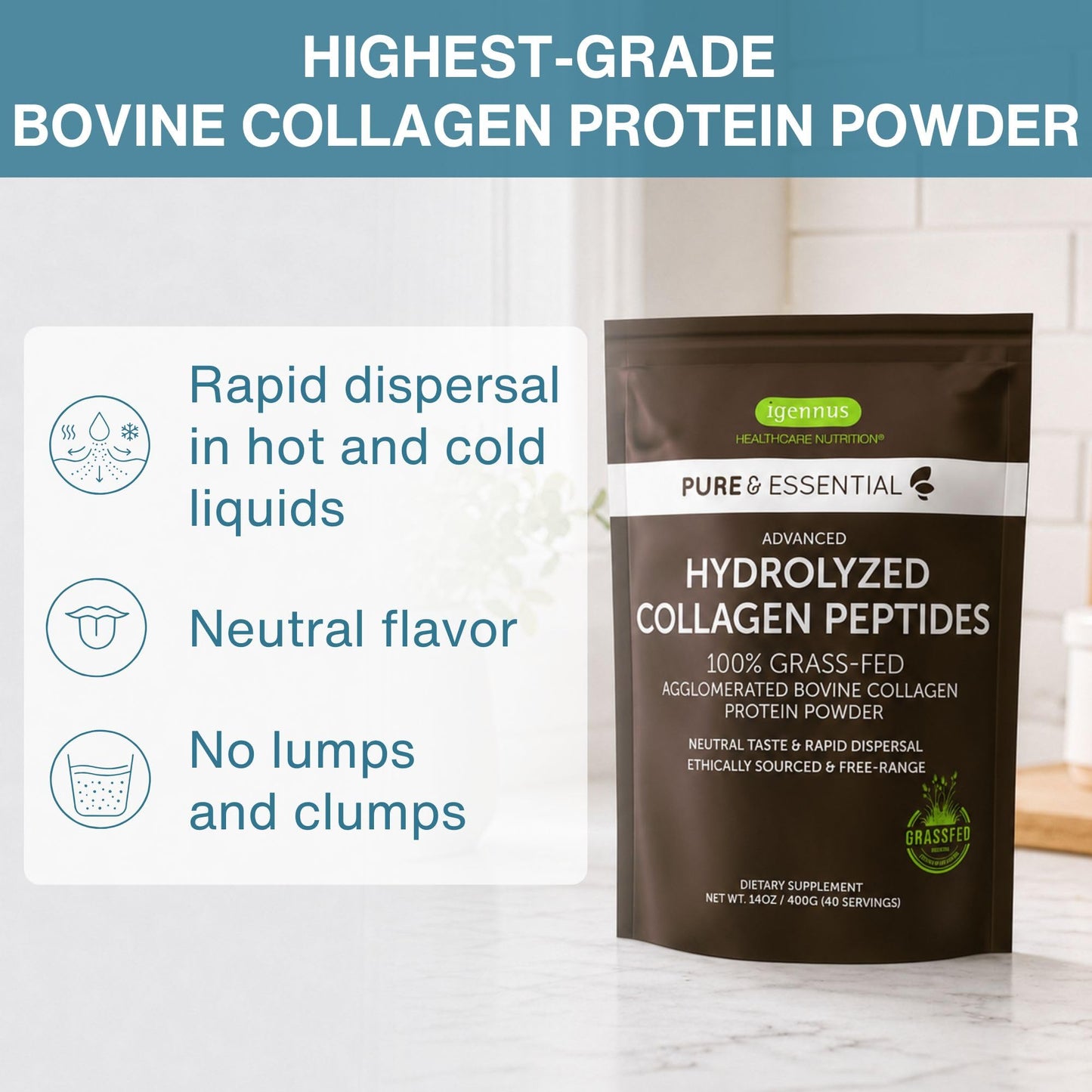Igennus Free Range Grass Fed Hydrolyzed Bovine Collagen Peptides, Neutral Taste, 100% Highest Grade Bovine Collagen Protein Powder, Types 1, 2 & 3, Clean Label, Non-GMO, Free Range, 40 Servings
