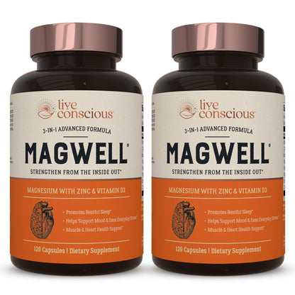 Live Conscious Magwell Magnesium Zinc & Vitamin D3 - Magnesium Glycinate, Malate, & Citrate - Triple Supplement for Women & Men - for Sleep, Bone, Heart, Immune Support - 120 Caps