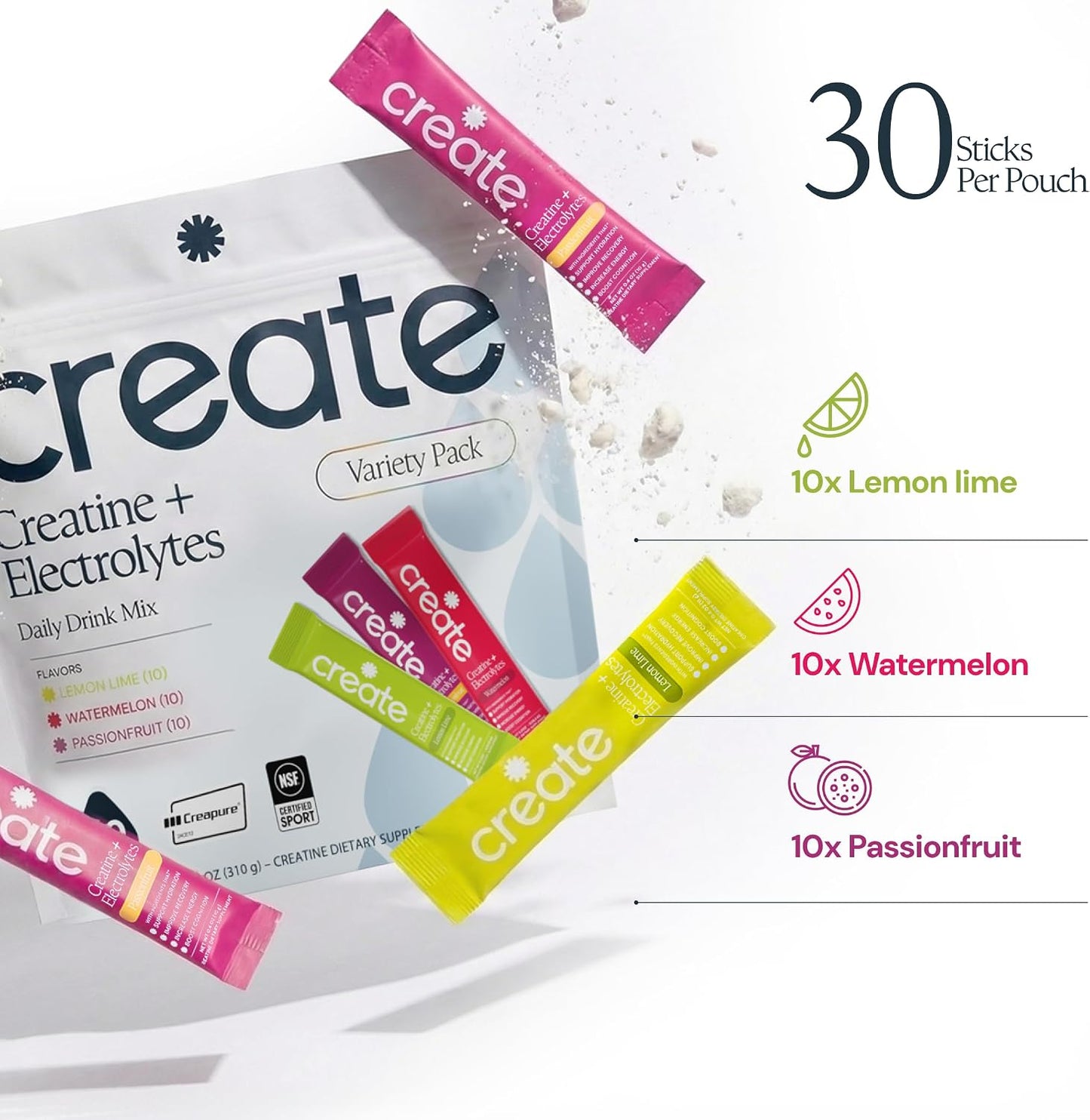 Create Creatine + Electrolytes – Energy & Strength – Variety Pack | NSF Certified for Sport – Daily Hydration Mix, 30 Sugar-Free Stick Packs with 1000mg Taurine, Supports Recovery & Endurance