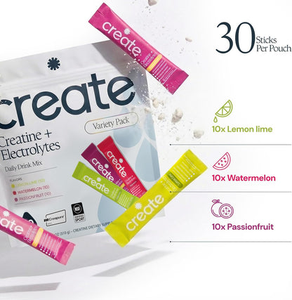 Create Creatine + Electrolytes – Energy & Strength – Variety Pack | NSF Certified for Sport – Daily Hydration Mix, 30 Sugar-Free Stick Packs with 1000mg Taurine, Supports Recovery & Endurance