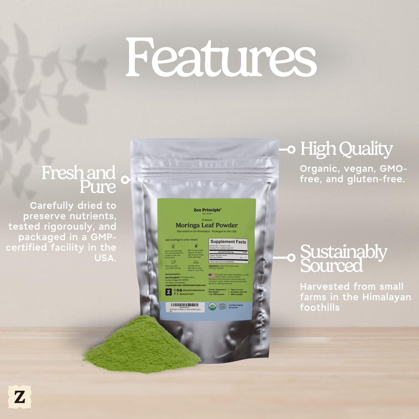 1 lb. Premium Organic Moringa Oleifera Leaf Powder. USDA Certified Organic.