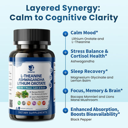 Lithium Orotate 5/10mg, Mood & Brain Supplement, 120 Capsules, 2 Months | 13 in 1 with Ashwagandha, L-Theanine, Bacopa, Lions Mane, Magnesium, Zinc D3 B6 Folate B12 for Calm Focus, Cognitive & Energy