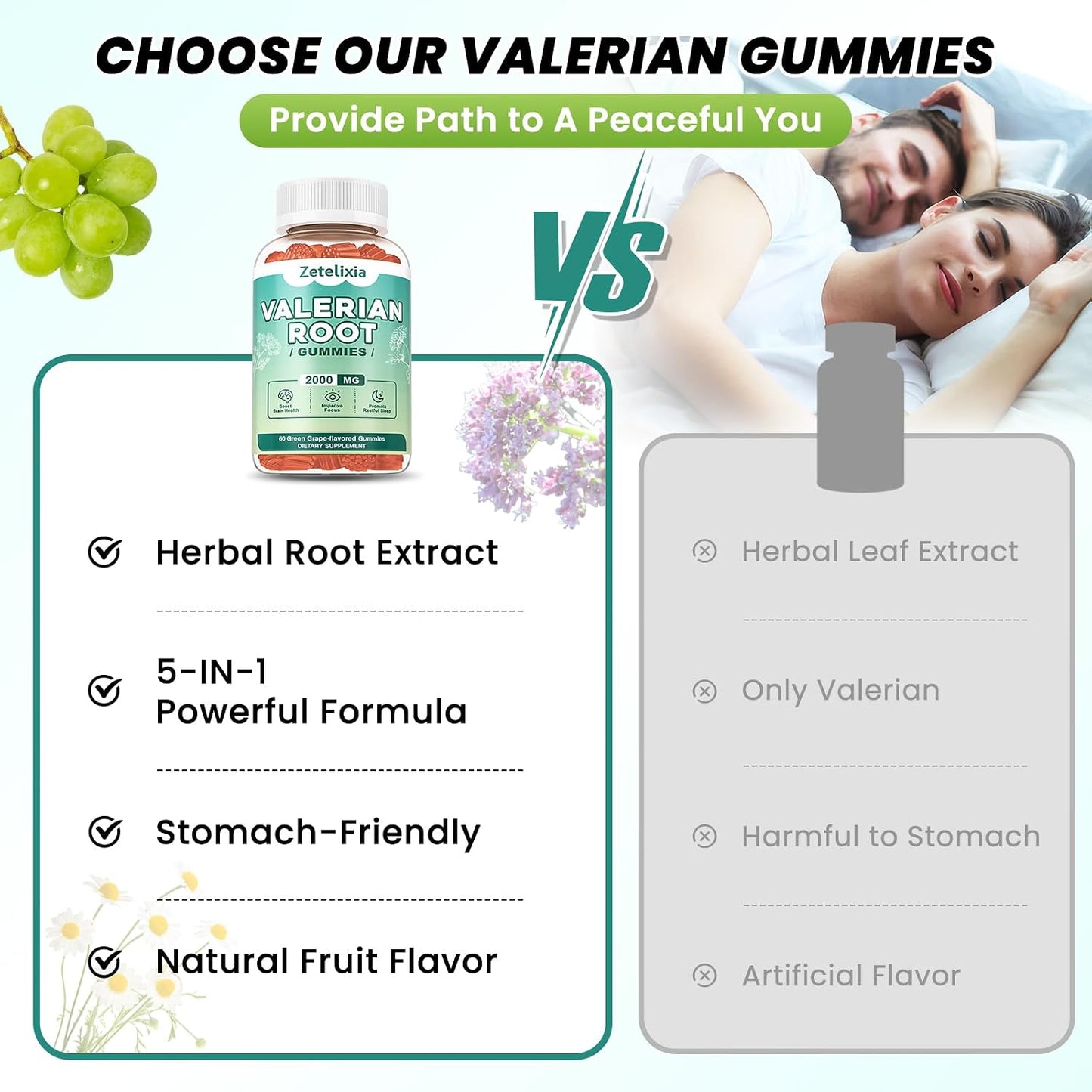 2 Pack Organic Valerian Root Gummies for Sleep, Melatonin Free, 120 Count | Natural herbal supplement for relaxation, calm and restful sleep. Vegan, non-GMO, gluten free, green grape flavor.
