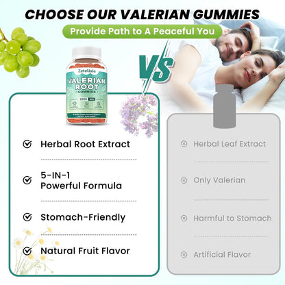 2 Pack Organic Valerian Root Gummies for Sleep, Melatonin Free, 120 Count | Natural herbal supplement for relaxation, calm and restful sleep. Vegan, non-GMO, gluten free, green grape flavor.