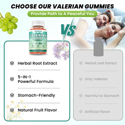 2 Pack Organic Valerian Root Gummies for Sleep, Melatonin Free, 120 Count | Natural herbal supplement for relaxation, calm and restful sleep. Vegan, non-GMO, gluten free, green grape flavor.