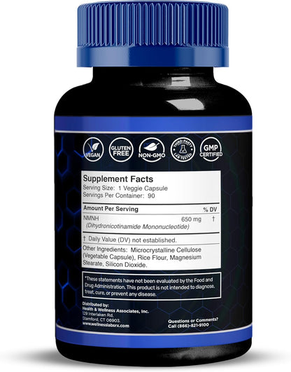 NMNH Supplements - Di-Hydro Nicotinamide Mononucleotide NMNH Capsules, Fast Absorption Ultra Strength NMN Supplement, NAD+ for Cellular Energy & Anti Aging, 650mg - Non-GMO, Gluten Free - 90 Capsules