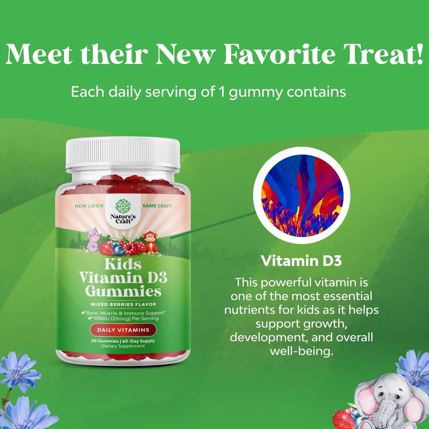 Chewable Vitamin D Gummies for Kids - Delicious Vitamin D 1000 IU Per Serving - Toddlers Immune Support Gummies - Berries Flavored Supplement for Bones Health & Muscles - Gelatin Free - 60 Count