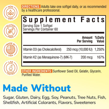 Vitalibre Vitamin D3 K2 Supplement, Vitamin D3 10000 IU & 200 mcg K2 MK7 | Enhanced Calcium Absorption, Bone, Heart, Immune & Mood Support, No Soy, Easy to Swallow, 90 Softgels