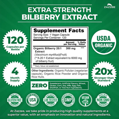 Zazzee USDA Organic Bilberry 20:1 Extract, 120 Vegan Capsules, 4 Month Supply, Vaccinium Myrtillus, Eye Health, Vision & Antioxidant Support, All-Natural, Non-GMO, Made in the USA