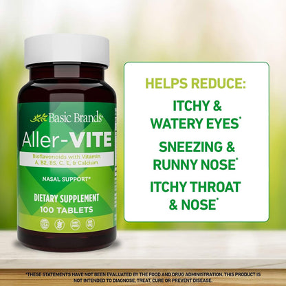 Basic Brands Aller Vite Nasal Support Tablets, 100 Tablets | Seasonal Allergy Relief, High Bioflavonoid Complex with Vitamins and Calcium, Gluten Free, Daily Supplement