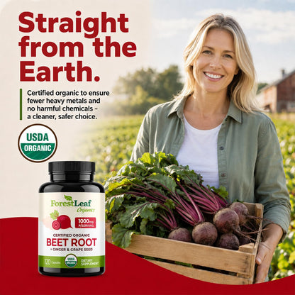 ForestLeaf USDA Organic Beet Root Capsules - Beetroot Supplement 1000mg 20:1 Extract w/Ginger Grape Seed - Support Blood Pressure, Nitric Oxide, Flow, Circulation - Made in USA - 120 Caps